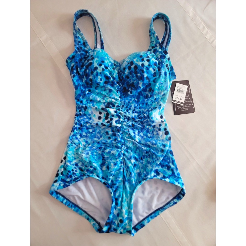 NWT Women's Size 8 One Piece Swimsuit Blue Ruched Tummy Control Padded Swim